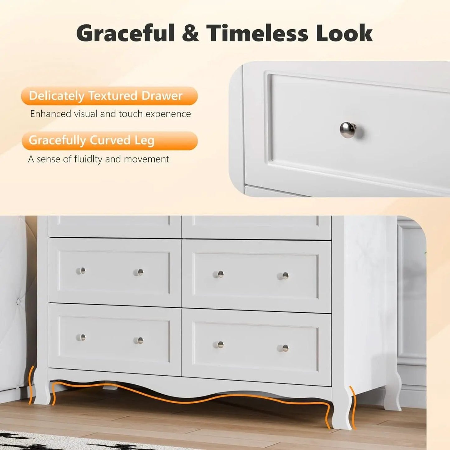 White Six Drawer Dresser Grooved Front ContouredProfile from PriceLows™