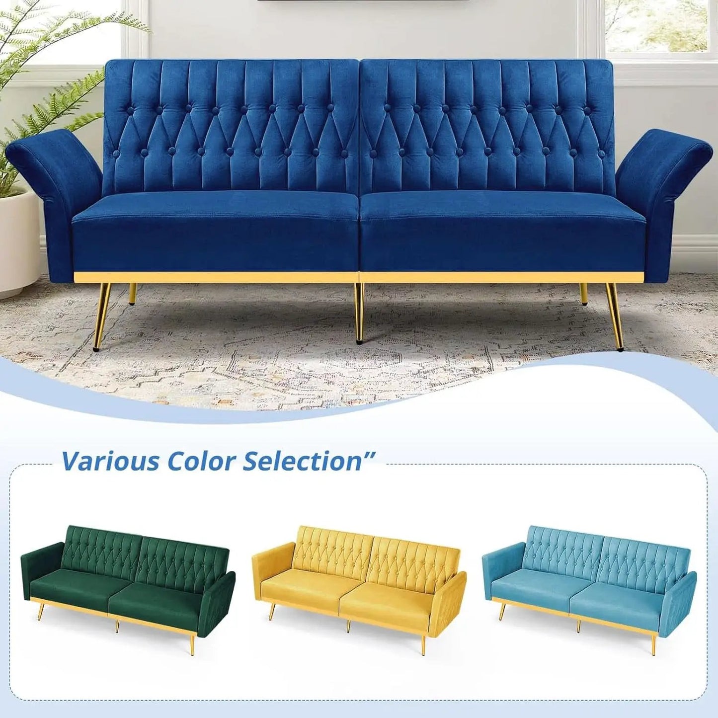 Velvet Futon Sofa Set Two Piece With Convertible Sofa Bed And Tufted Accent Chair In Blue from PriceLows™