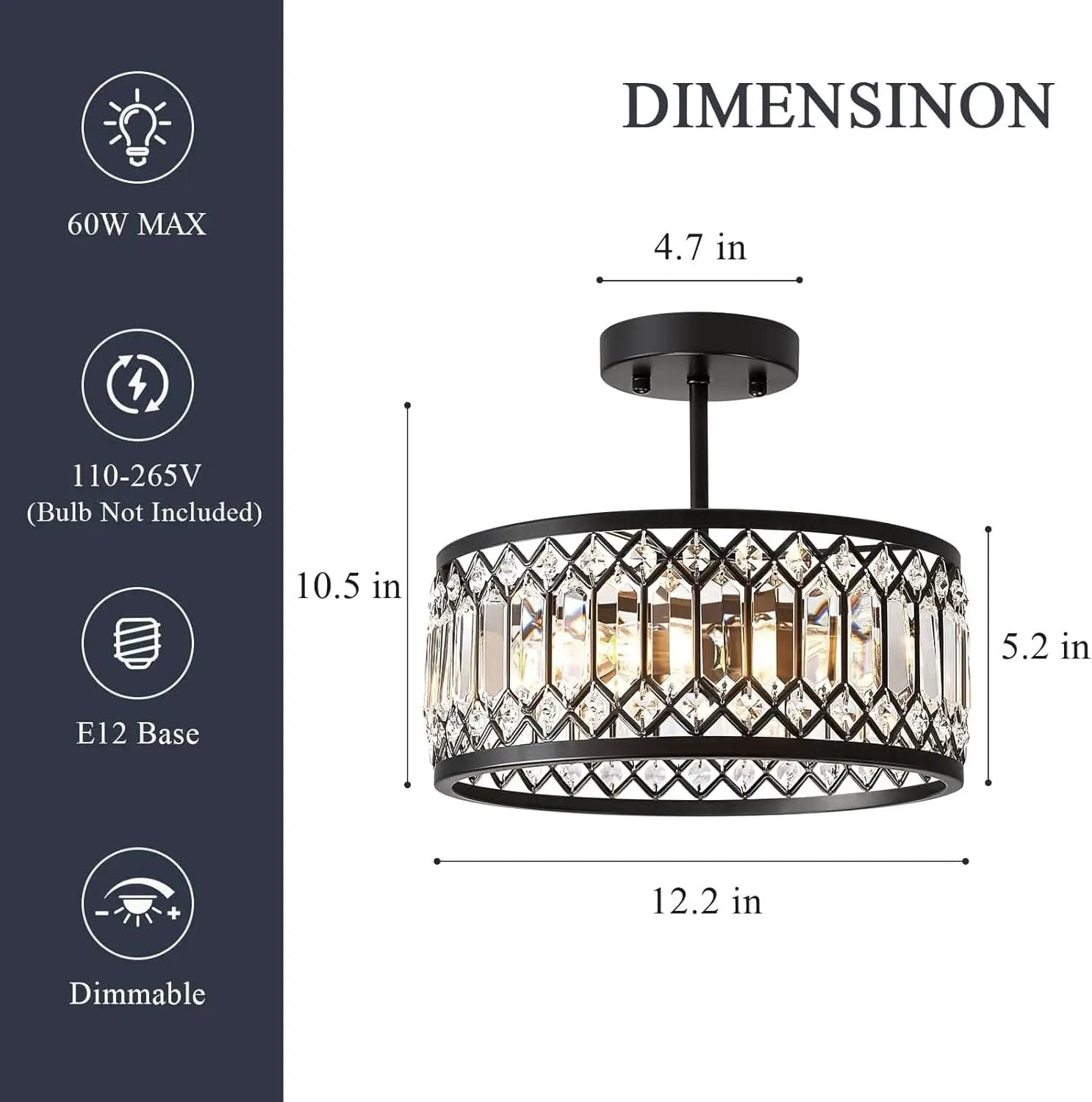 Crystal Black Three Light Semi Flush Mount Ceiling Light from PriceLows™