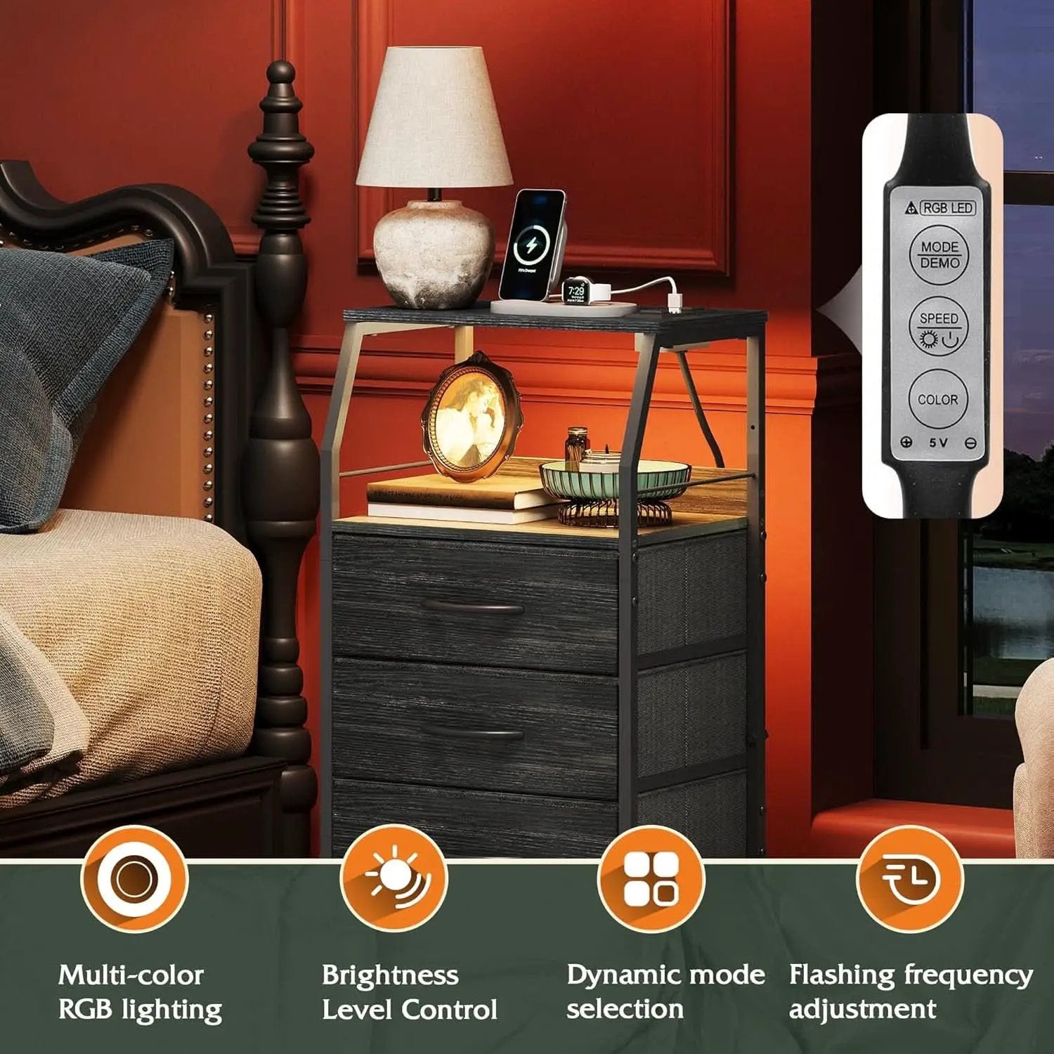 Black Nightstand With Integrated Charging Station RGB LED from PriceLows™
