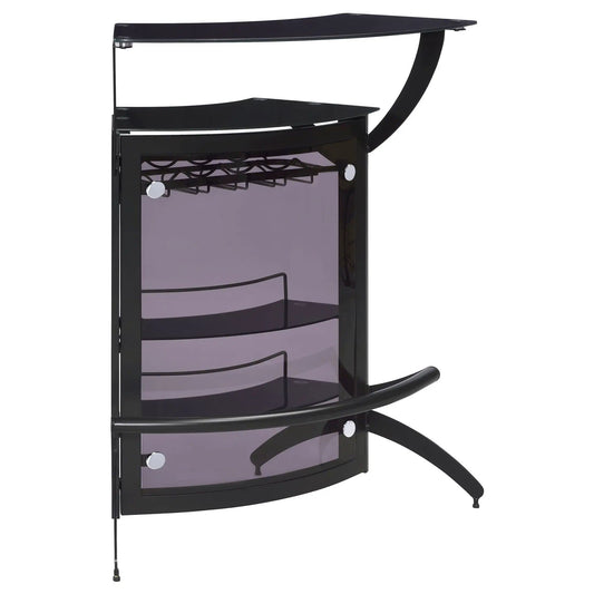 Dallas 2-shelf Curved Freestanding Home Bar Cabinet | 33.5 x 21 x 41.5 in | Tempered Glass & Metal | Black