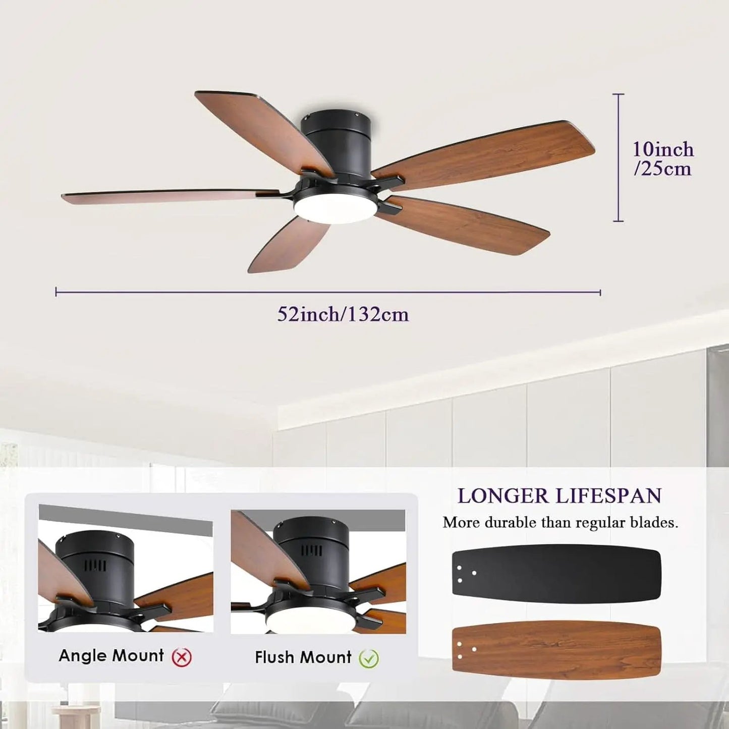 52 Inch Dimmable LED Ceiling Fan Flush Mount Efficient from PriceLows™