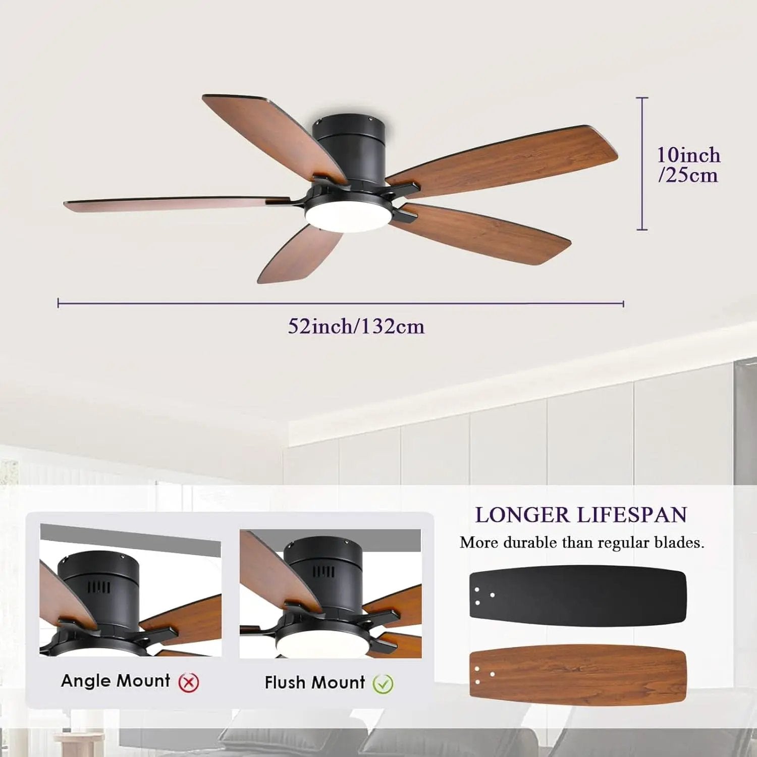 52 Inch Dimmable LED Ceiling Fan Flush Mount Efficient from PriceLows™