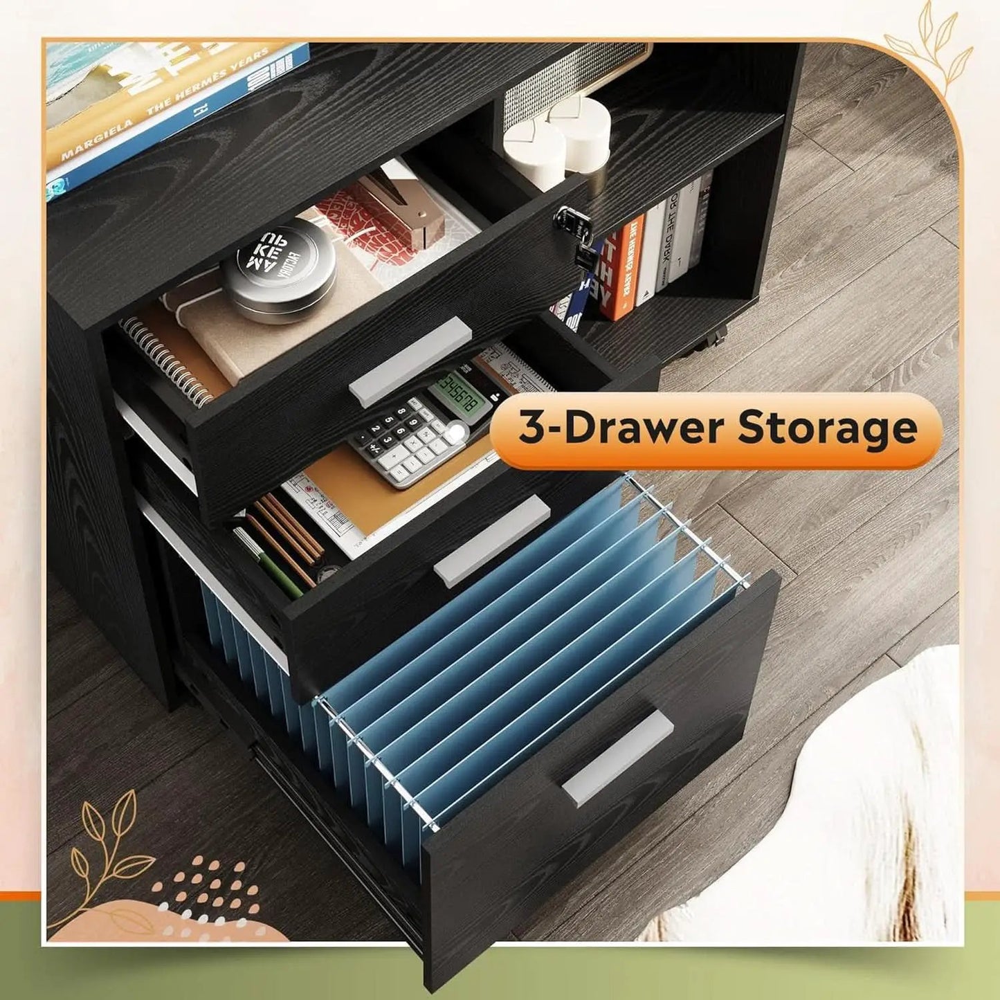 Three Drawer Wood File Cabinet With Lock Black Finish from PriceLows™