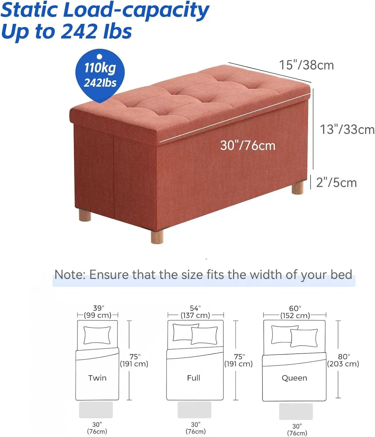 30 Inch Folding Storage Ottoman Bench Bright Orange from PriceLows™