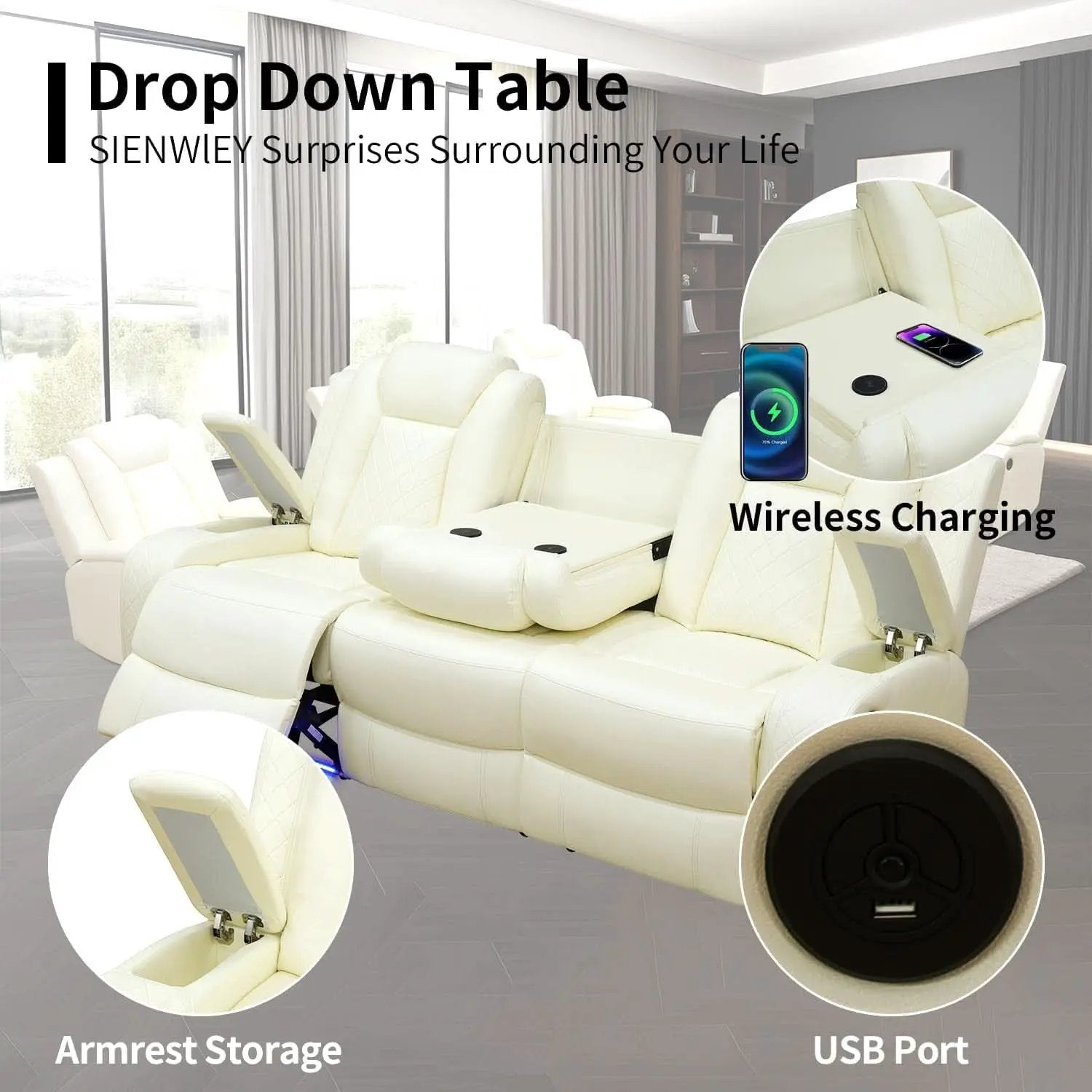 White Leather Power Reclining Sofa Set for Living Room from PriceLows™