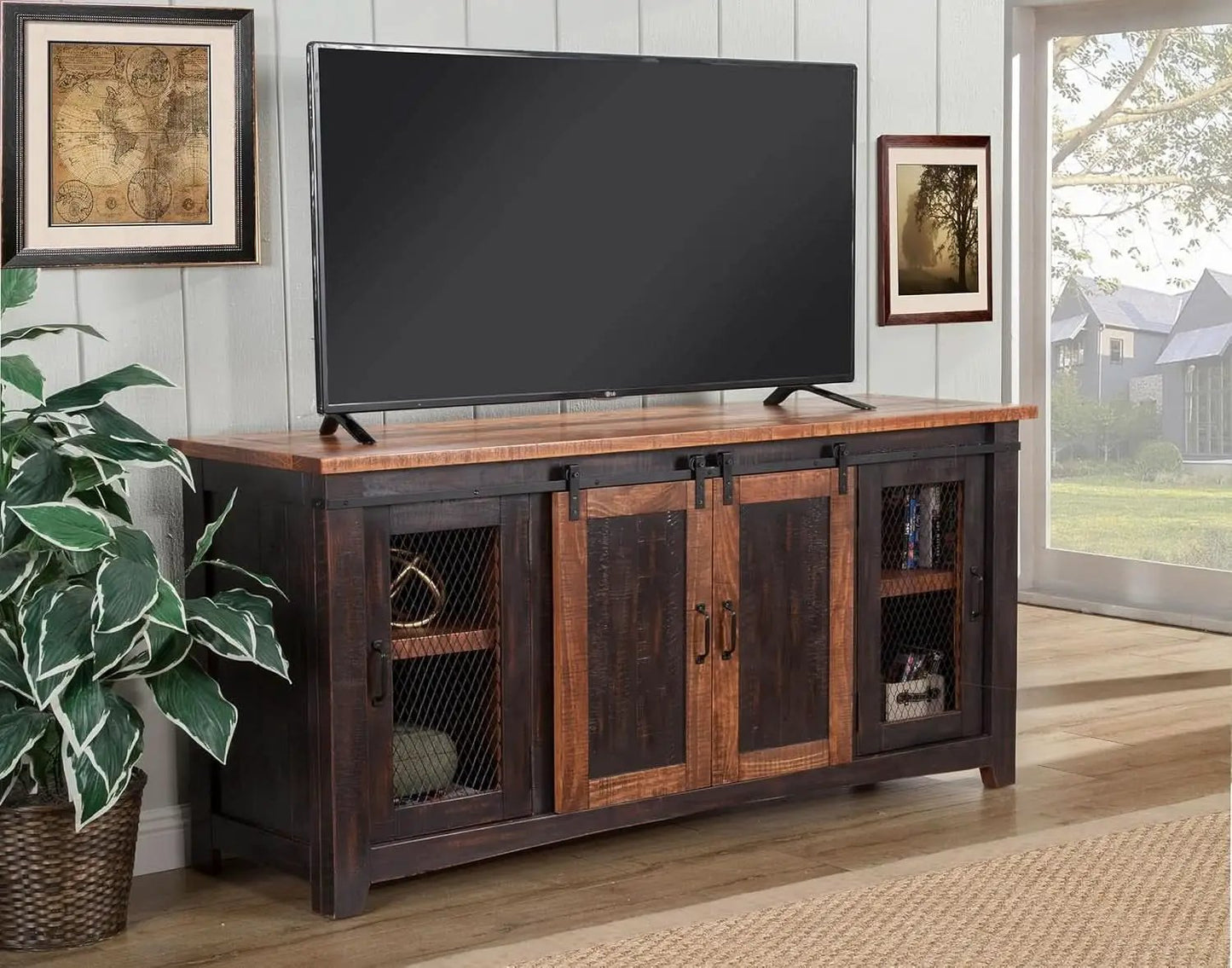 65 Inch Solid Wood TV Stand Antique Black Distressed Pine from PriceLows™