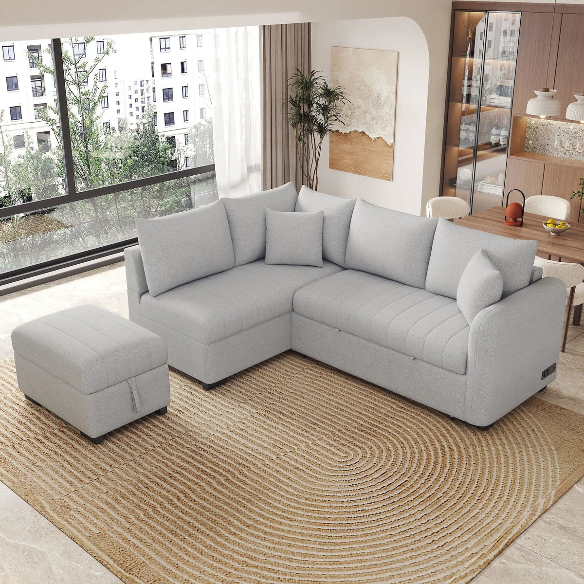 L Shaped Sectional Sofa Bed | USB Ports | Power Sockets | Storage Ottoman