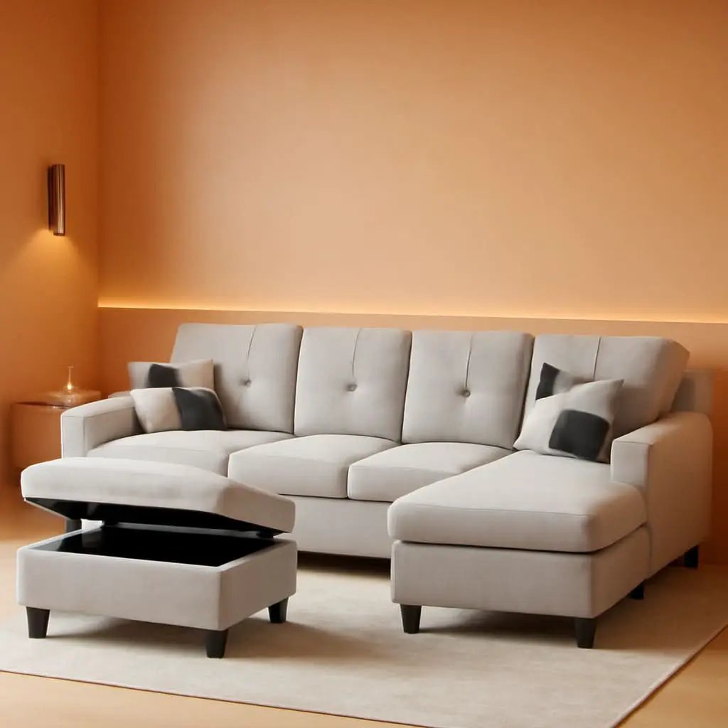 L Shaped 3 Piece Flannel Sofa With Storage Ottoman Grey from PriceLows™