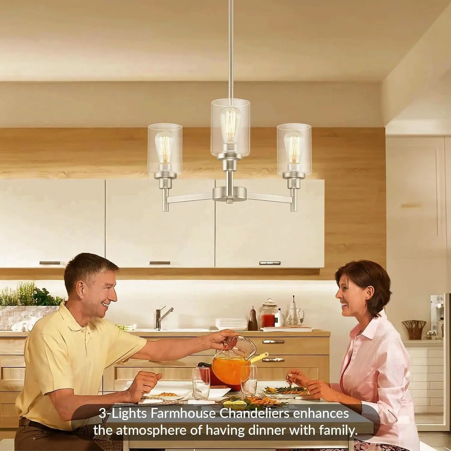 3 Light Brushed Nickel Chandelier With Clear Glass Shades For Dining Room And Entryway