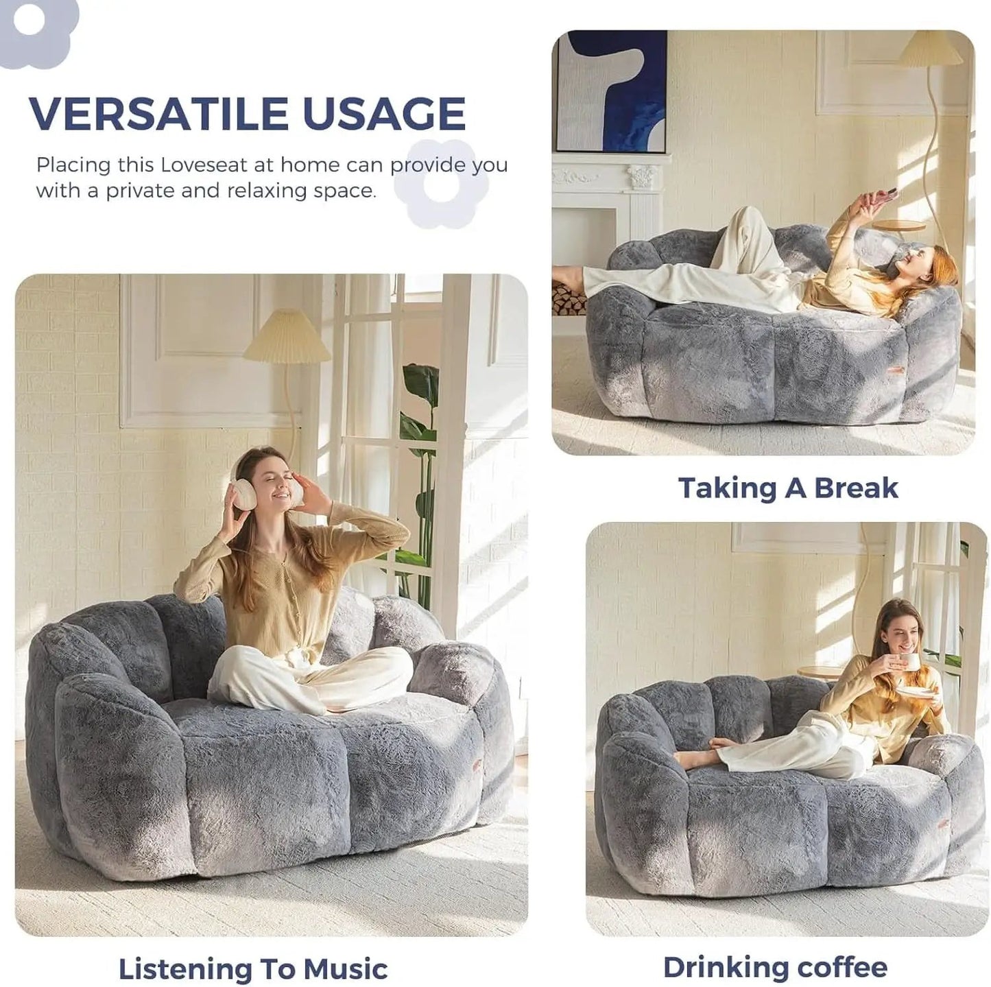 Dark Grey Floral Faux Fur Bean Bag Chair For Adults from PriceLows™