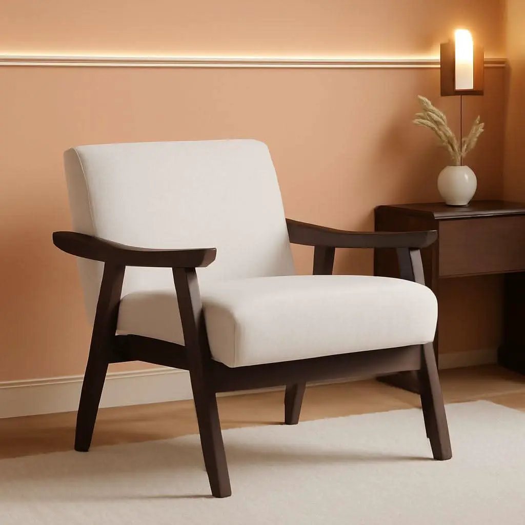 Beige Upholstered Modern Midcentury Solid Wood Armchair With Cushions from PriceLows™