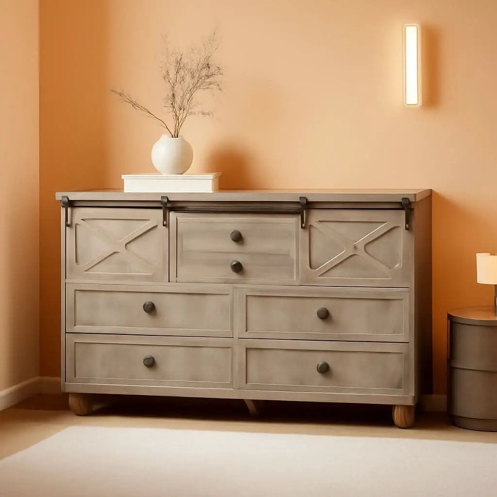 Six Drawer Dresser Rustic Oakwood Sliding BarnDoor from PriceLows™