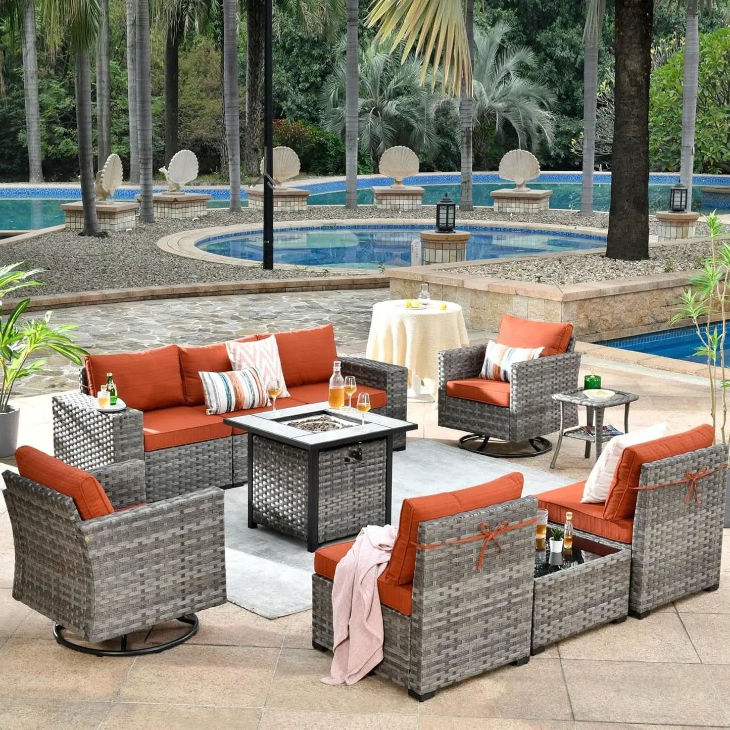 Modular Outdoor Wicker Sofa Set with Fire Pit from PriceLows™