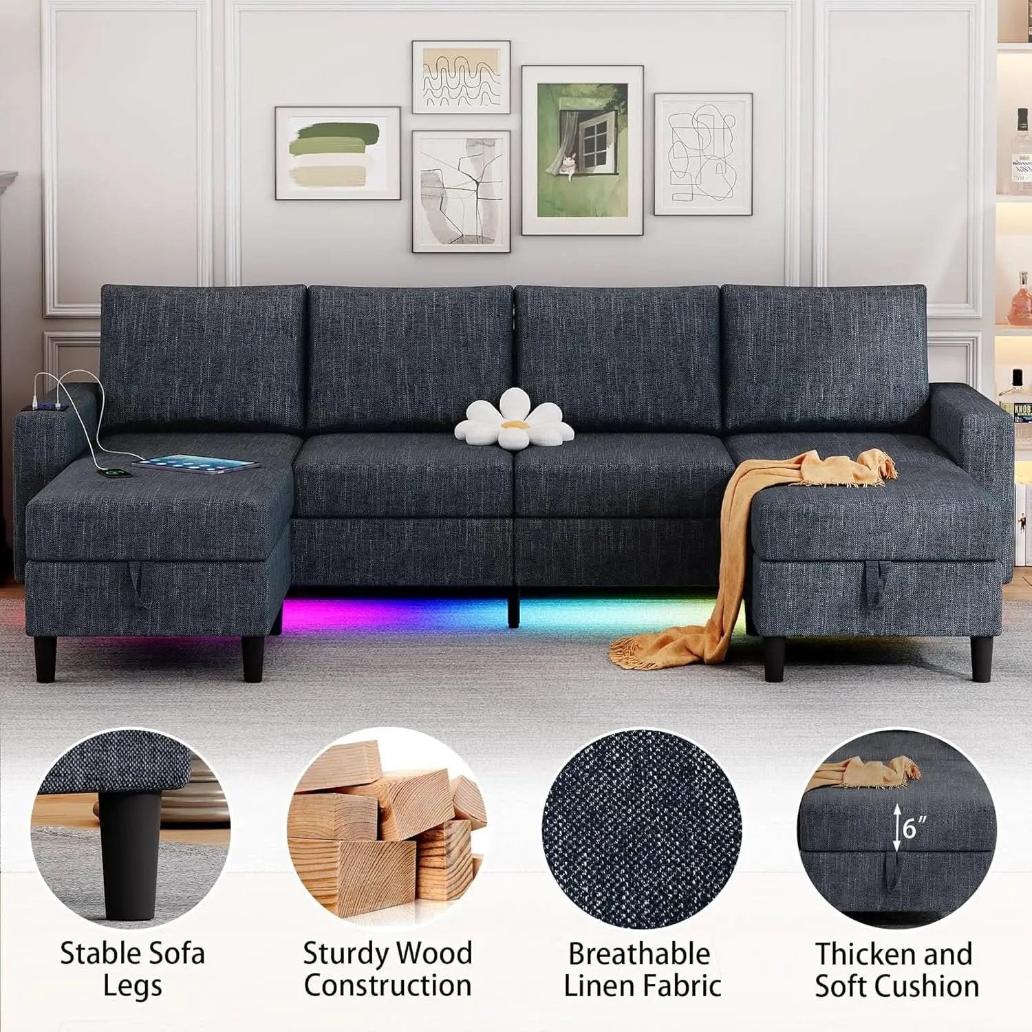 Blue Sectional Sofa With Reversible Chaise And Ottoman from PriceLows™