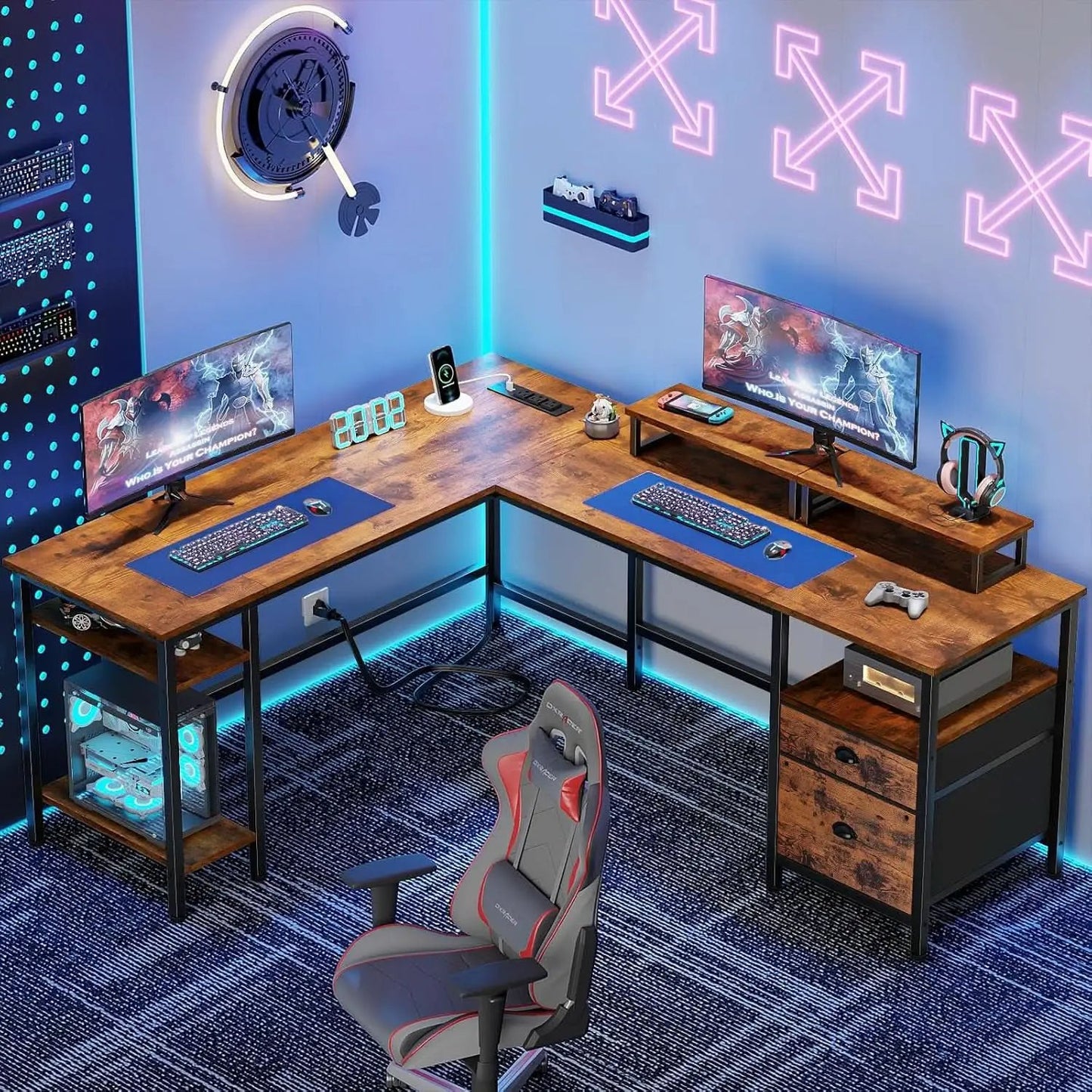 Fifty Nine Inch L Shaped Desk With Power Outlet And Storage Shelves from PriceLows™
