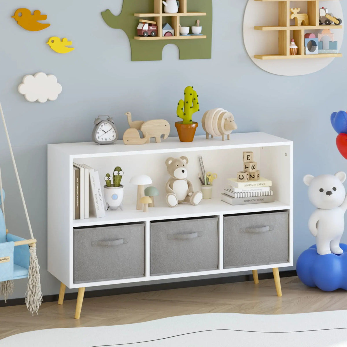 Bookcase With Collapsible Drawers | Three Fabric Drawers | Tip-Over Restraint | Book Display Organizer