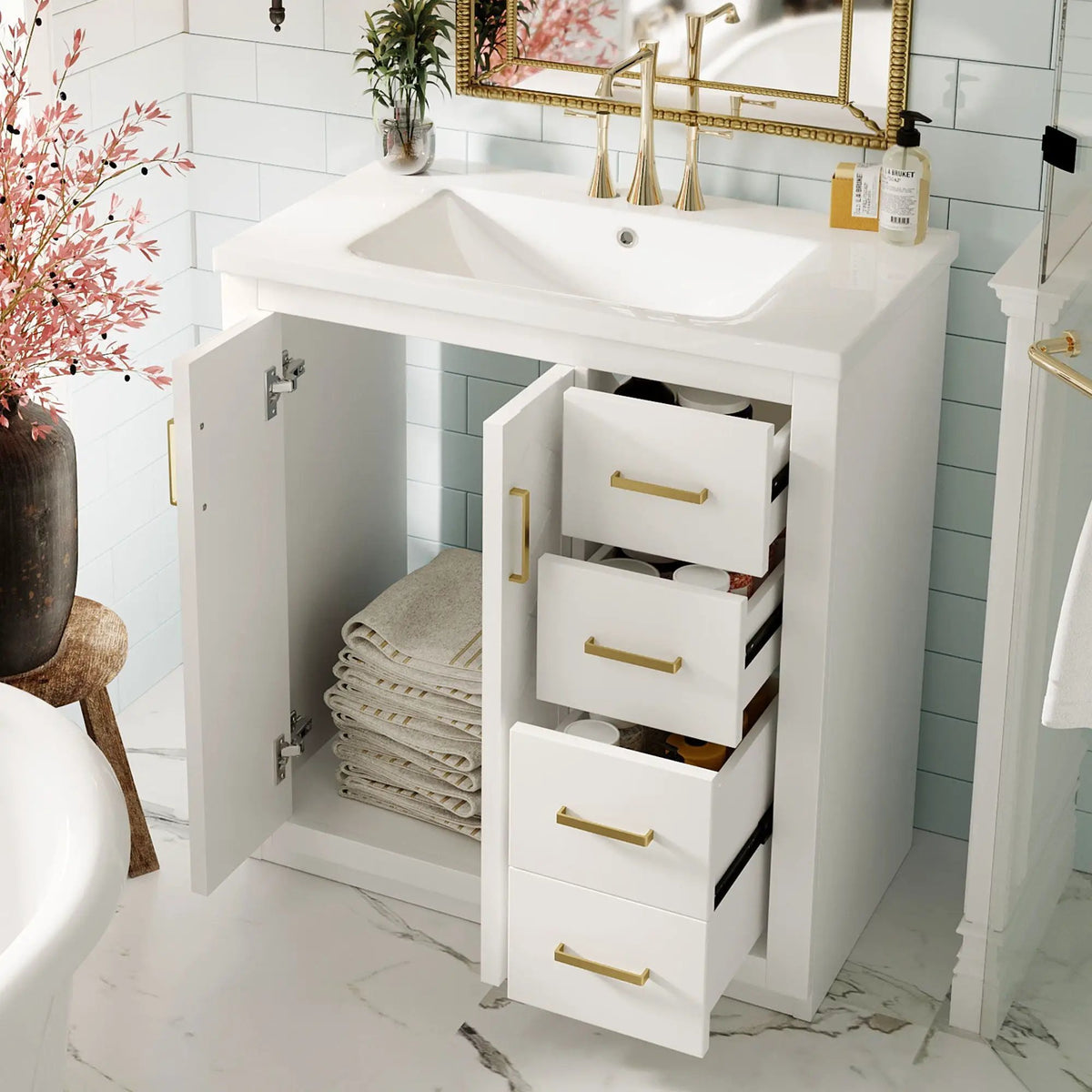 30 Inch Bathroom Vanity | Freestanding Set | 3 Drawers | Solid Wood Frame