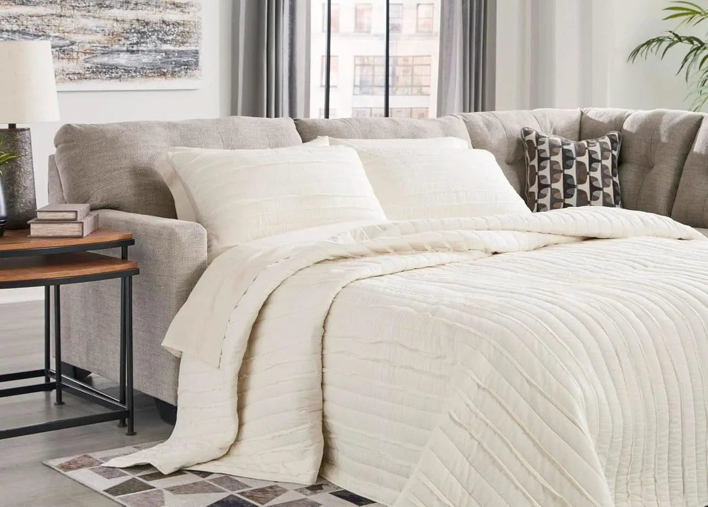 Beige Sleeper Sectional Featuring Chaise Memory Foam from PriceLows™