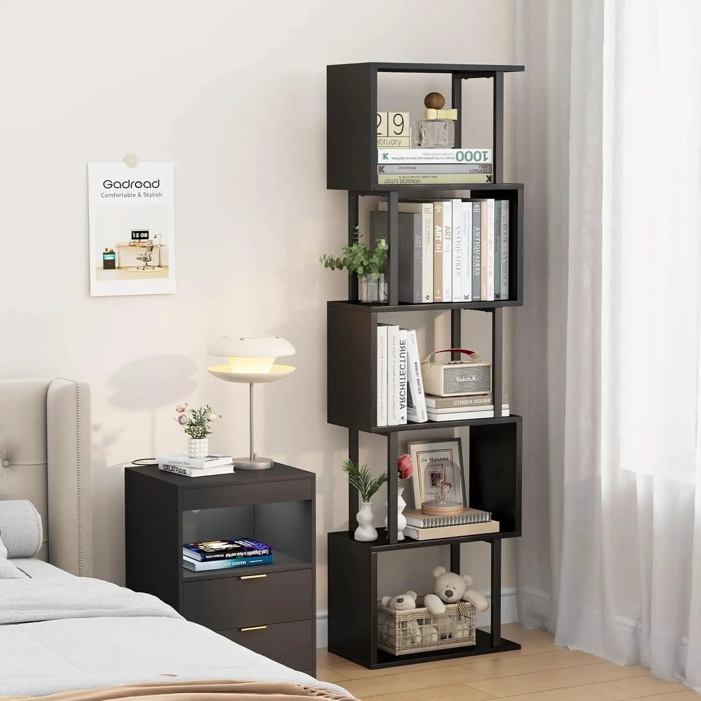 5 Tier S Shaped Bookcase Black Wood And Metal Livingroom from PriceLows™