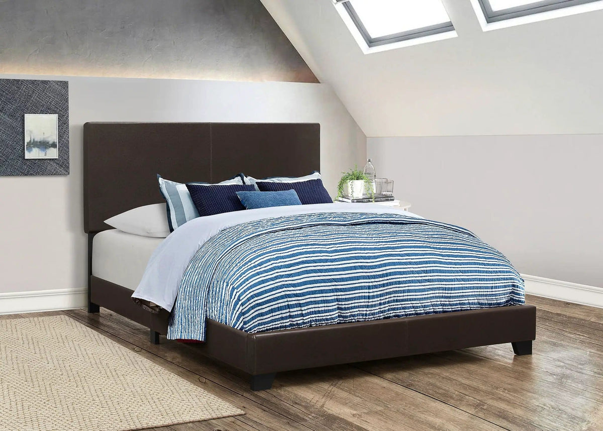 Dorian Faux Leather Upholstered Queen Panel Bed | 64.25 x 86.25 x 45.75 in | Faux Leather & Wood | Brown