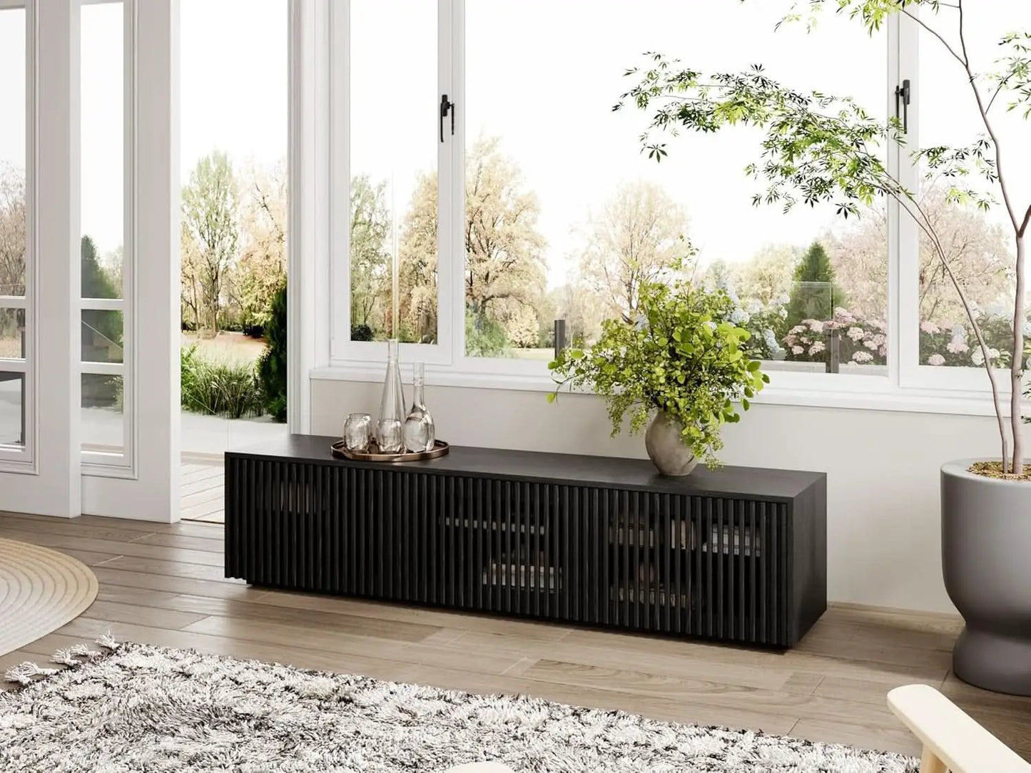 65 Inch Black Solid Wood TV Stand With Oak Veneer Finish from PriceLows™