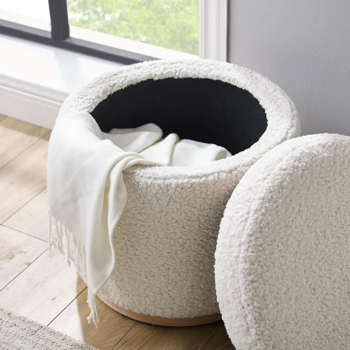 Cream Sherpa Deluxe Storage Ottoman Solidwood Base from PriceLows™