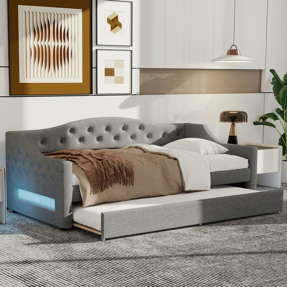 Daybed With LED Lights | Upholstered Trundle Daybed | Thickly Padded Sponge | 84 Inch Length