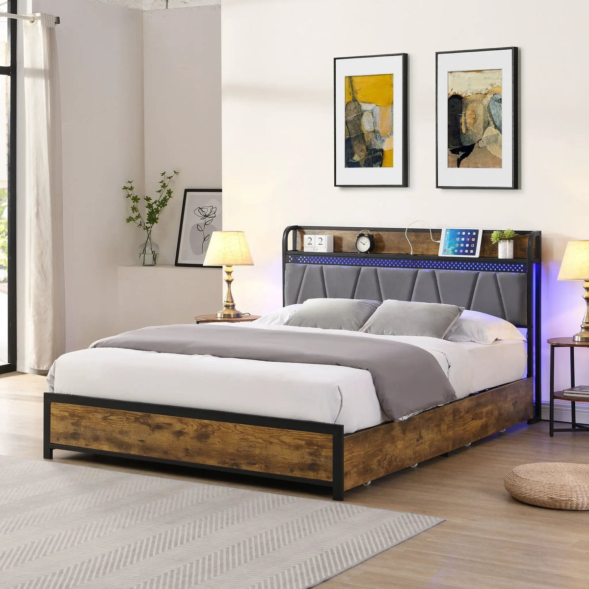 Modern Storage Bed Frame | LED Lights With Remote | Upholstered Headboard | USB Charging Station