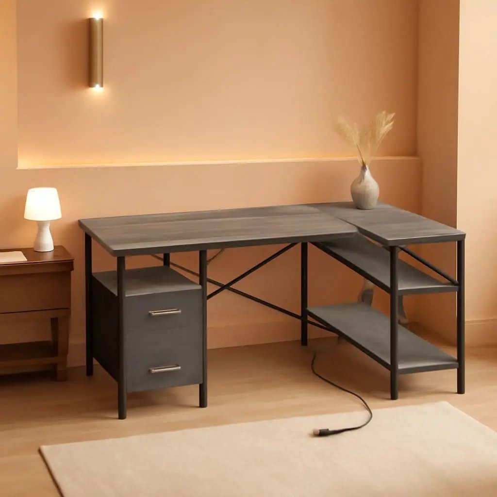 47 Inch L Shaped Desk With Power Outlets And 3 Drawers Grey from PriceLows™