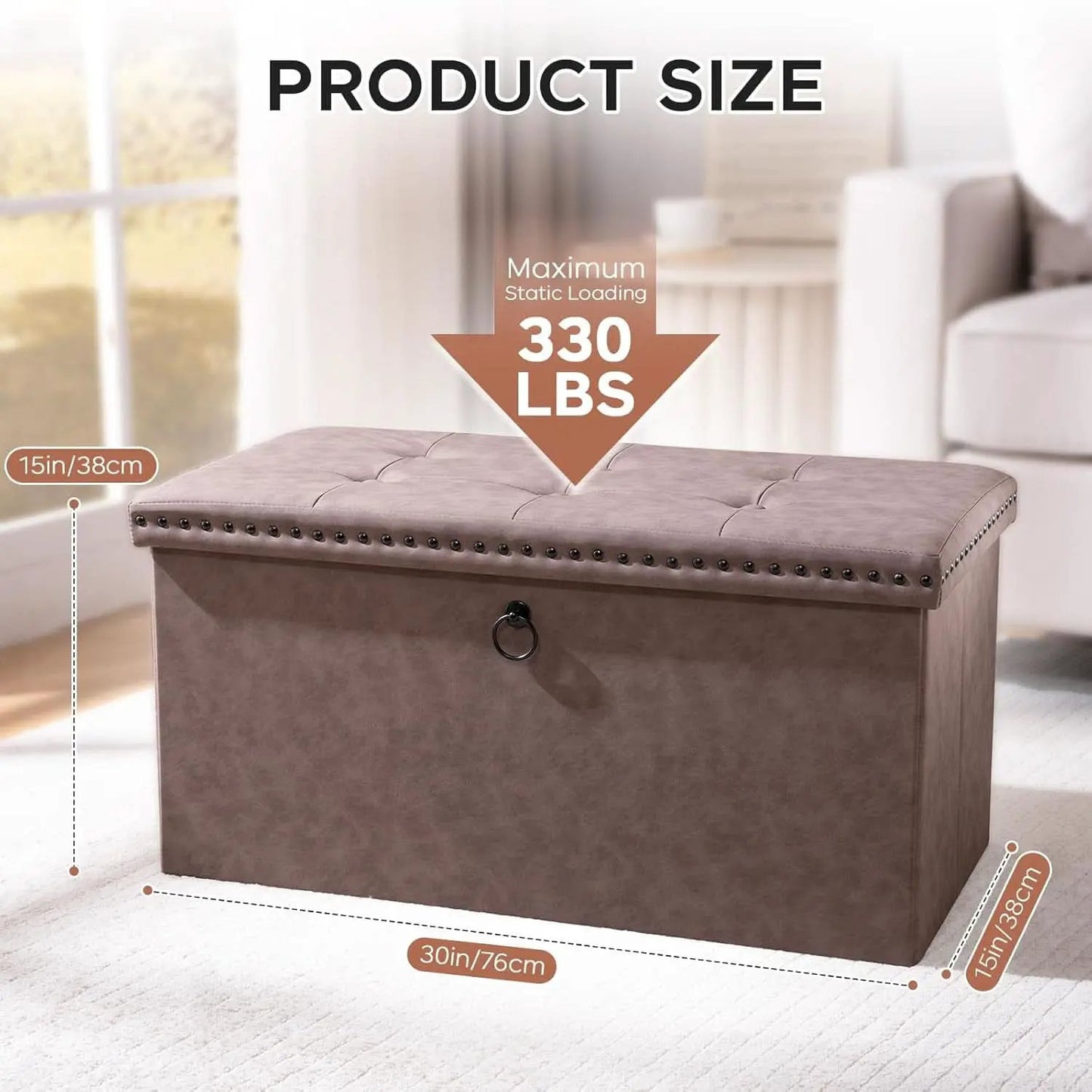 Oak Brown 30-Inch Foldable Storage Ottoman Bench from PriceLows™