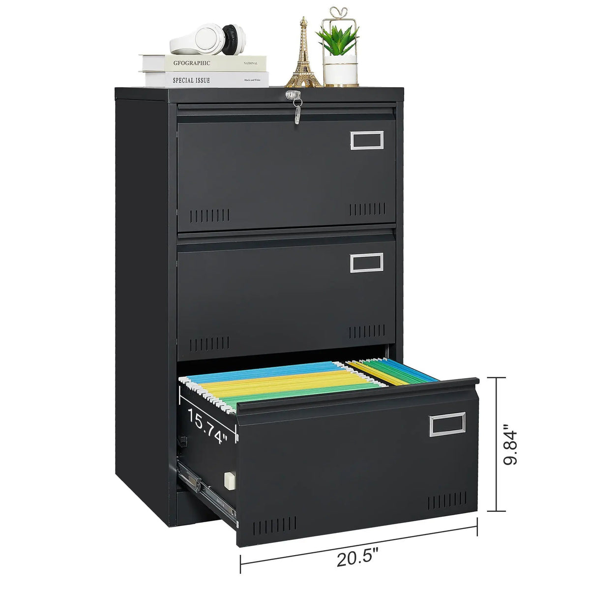 Lateral File Cabinet | 3 Drawer Locking Metal | Widened Drawers | 40 Inch Height