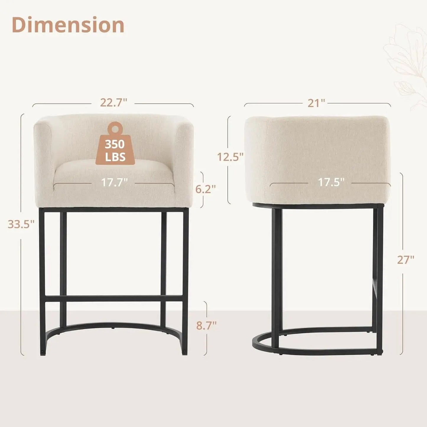 27 Inch Counter Height Bar Stool With Backrest And Armrests, Linen Upholstery, Black Metal Frame from PriceLows™