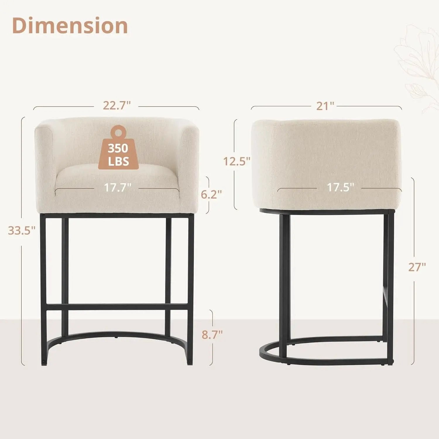 27 Inch Counter Height Bar Stool With Backrest And Armrests, Linen Upholstery, Black Metal Frame from PriceLows™