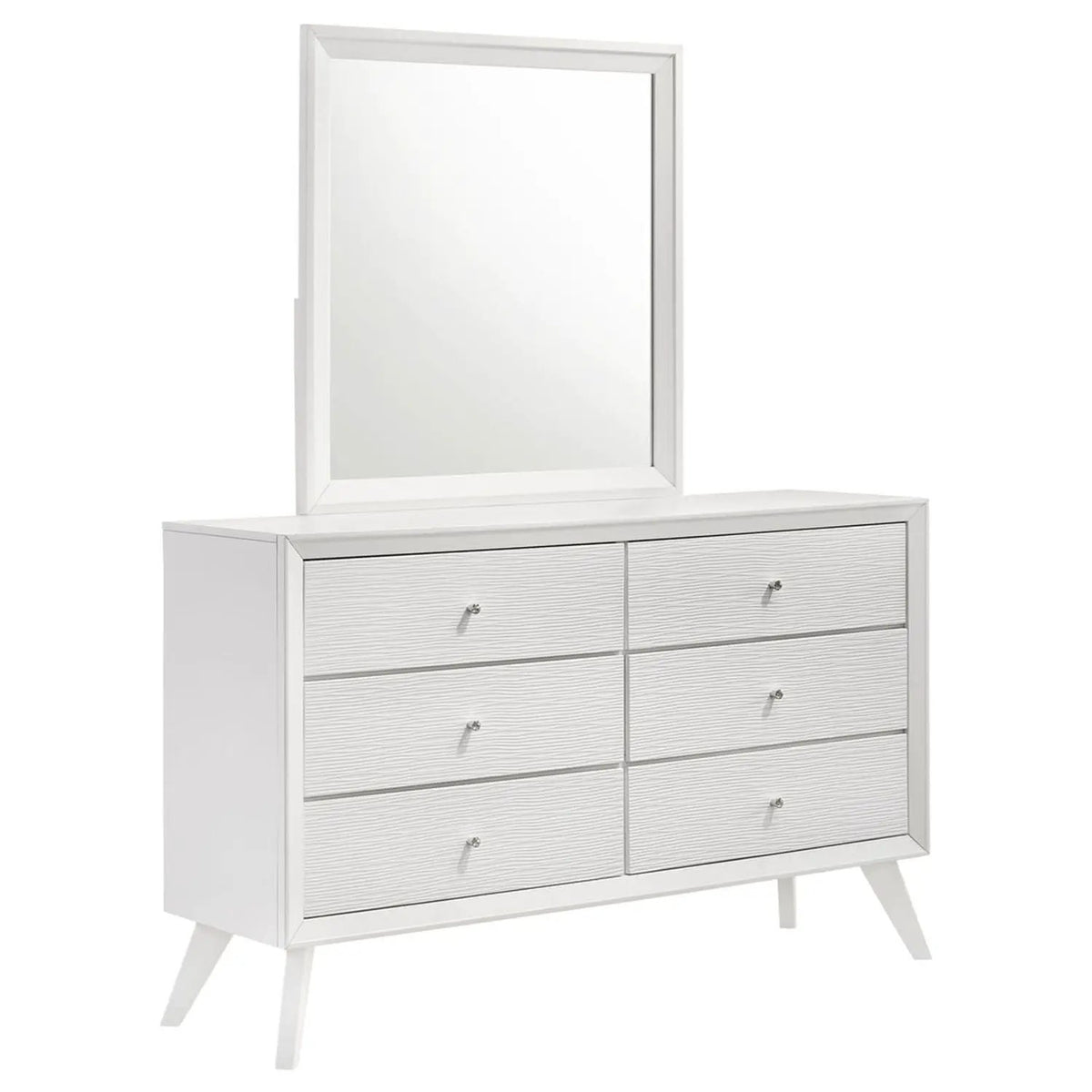 White Dresser With Mirror | Angled Legs | Round Knobs | 57.87 Inch Width