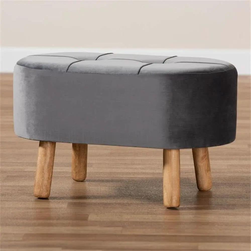 Greyish Velvety Upholstered Wood Ottoman Mid Century from PriceLows™