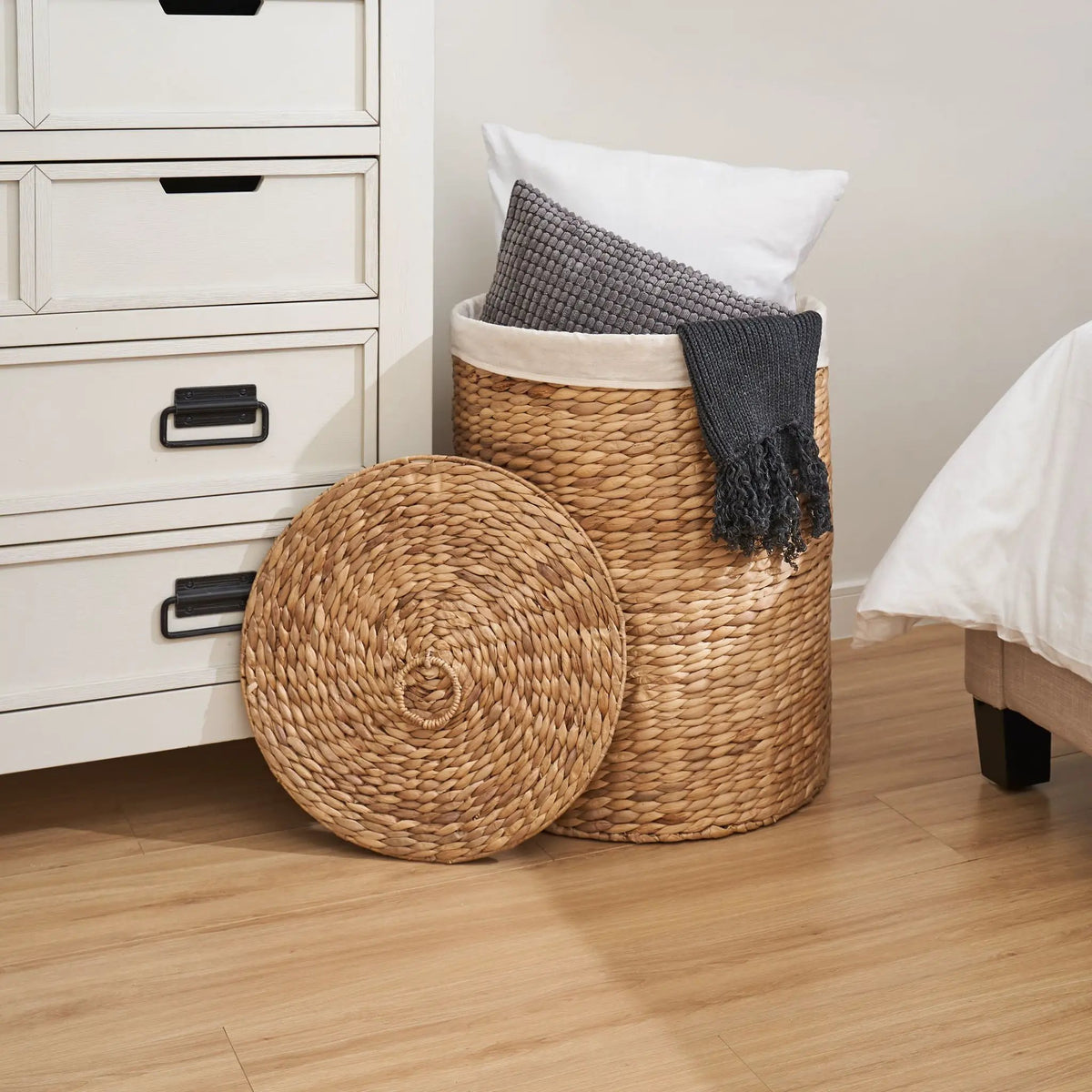 Round Laundry Hamper With Lid | Water Hyacinth Woven Wicker | Tall Storage Basket | 20 Inch Height