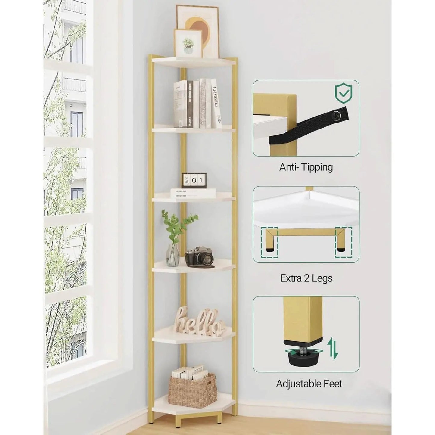 6-Tier Corner Shelf Stand White Gold Finish For Living Room from PriceLows™