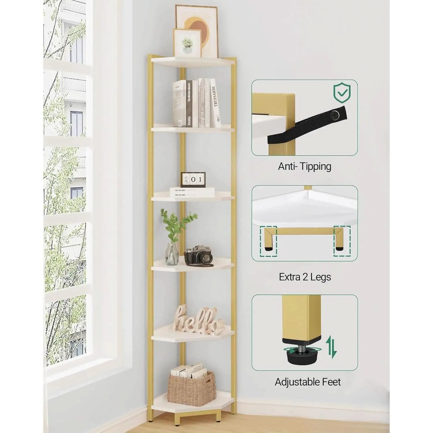 6-Tier Corner Shelf Stand White Gold Finish For Living Room from PriceLows™