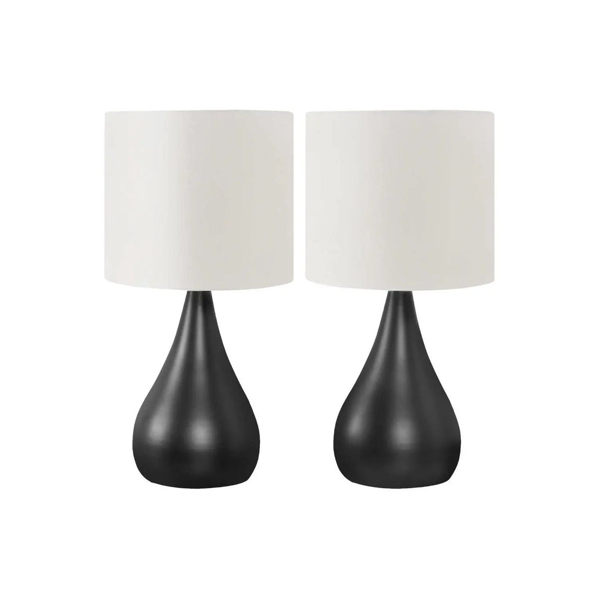 Black Table Lamp Set Of 2 | Teardrop Metal Base | Ivory Cream Linen Shade | Rocker Switch