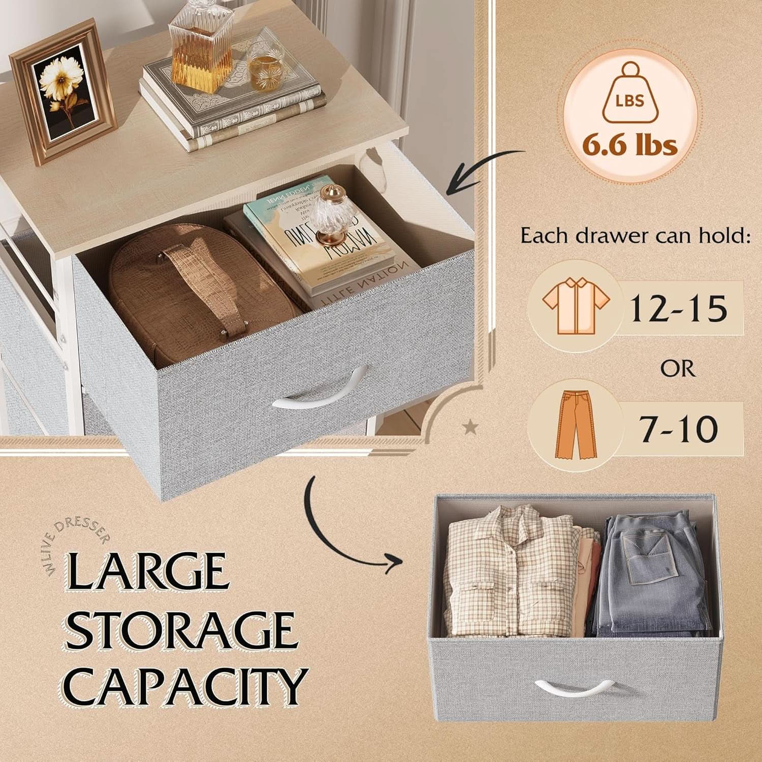 Light Grey Fabric 4 Drawer Dresser With Wood Top Storage from PriceLows™