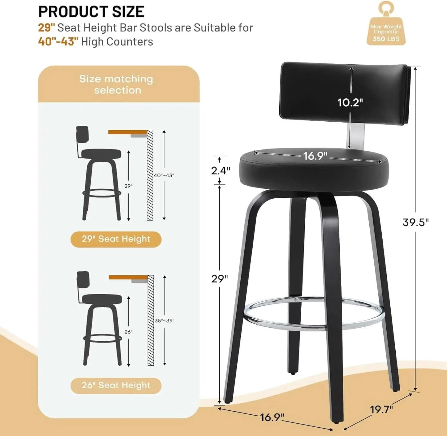 29 Inch Counter Height Black Faux Leather Swivel Bar Stools With Back Set Of 3 from PriceLows™