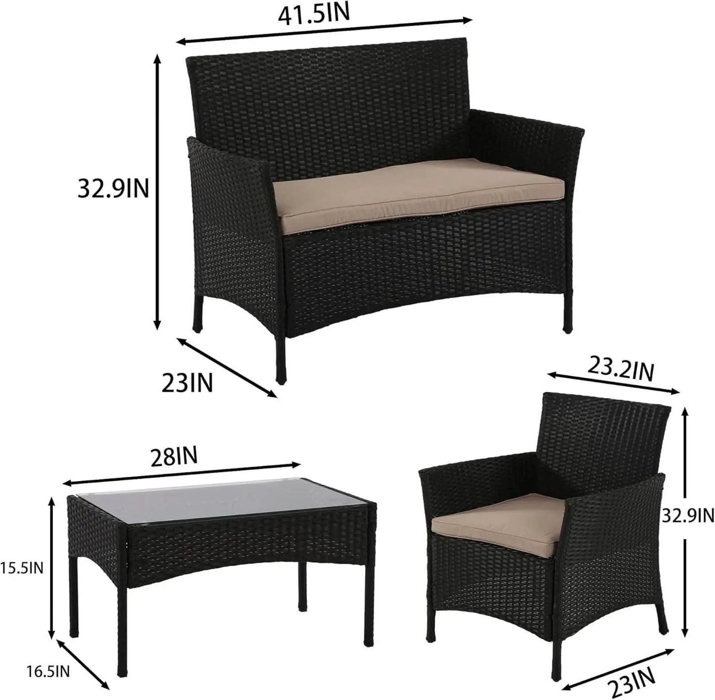 4 Piece Rattan Patio Set With Glass Table Black Cushions from PriceLows™