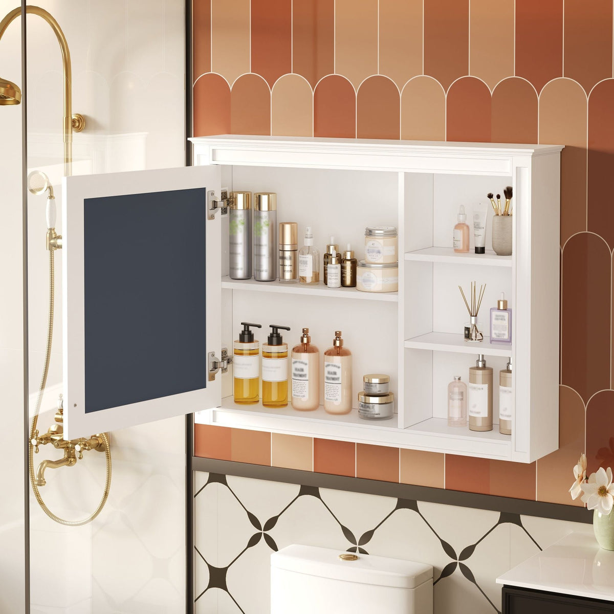 Wall Mounted Medicine Cabinet With Mirror, Adjustable Shelf - | 36 x 6.7 x 28 in | Solid Wood & Glass | White