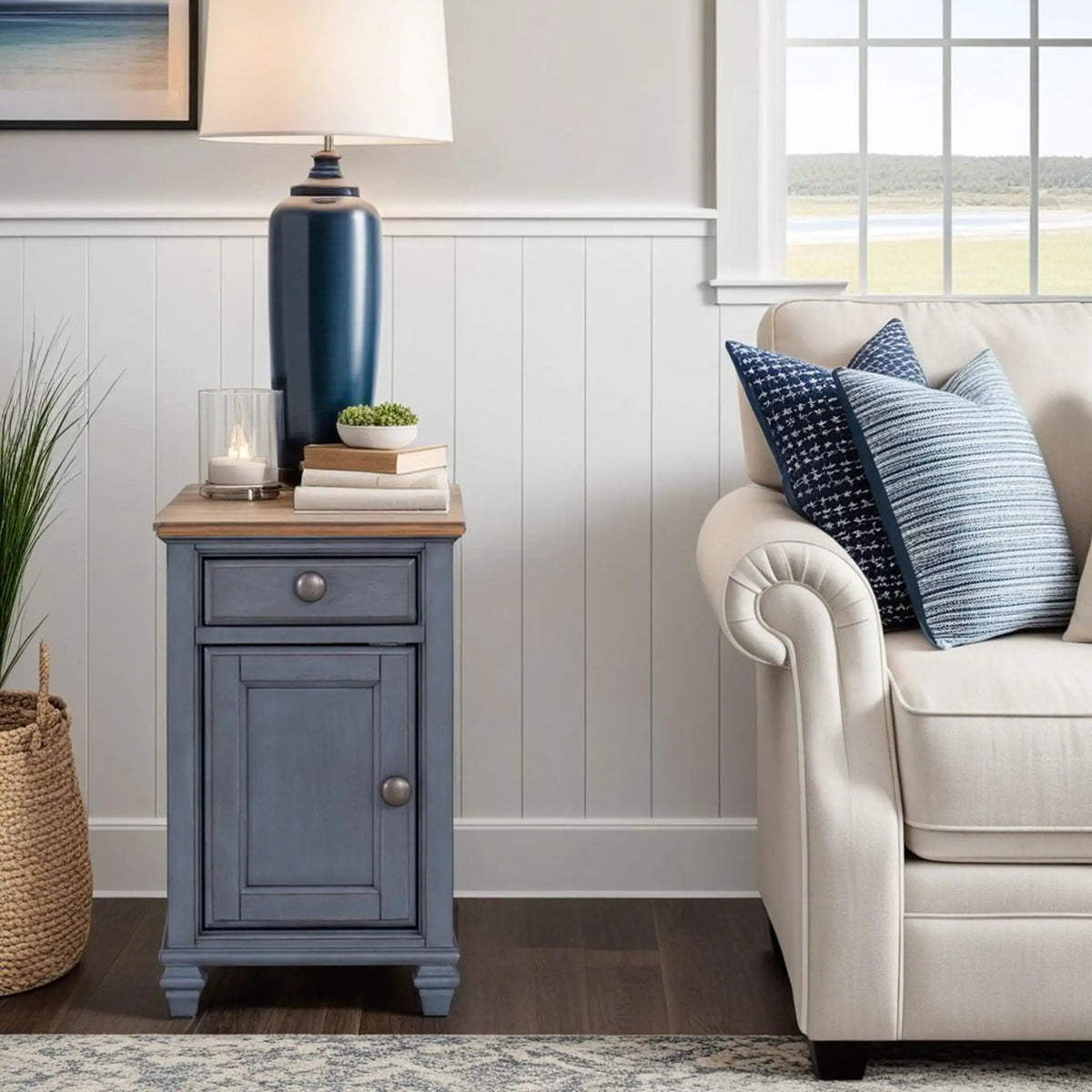 Americana Chairside Table | Blue | One Drawer And One Door | Interior Storage