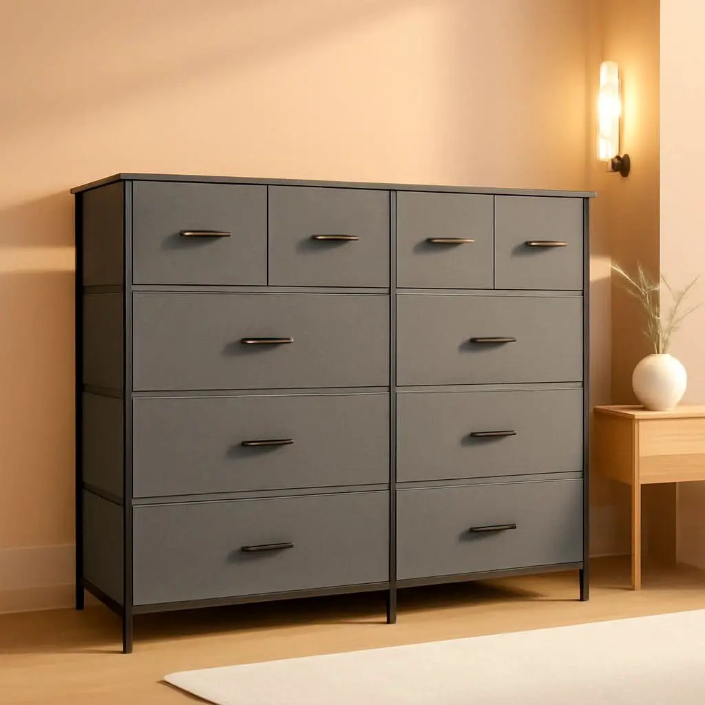 Dark Grey Fabric Dresser With 10 Drawers For Bedroom from PriceLows™
