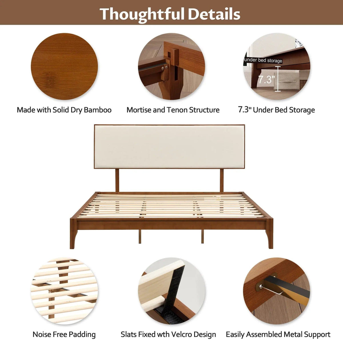King Size Solid Dry Bamboo Wood 12" Platform Bed With Adjustable Bamboo Headboard - | 83.9 x 79.8 x 48.2 in | Bamboo & Wood | Brown