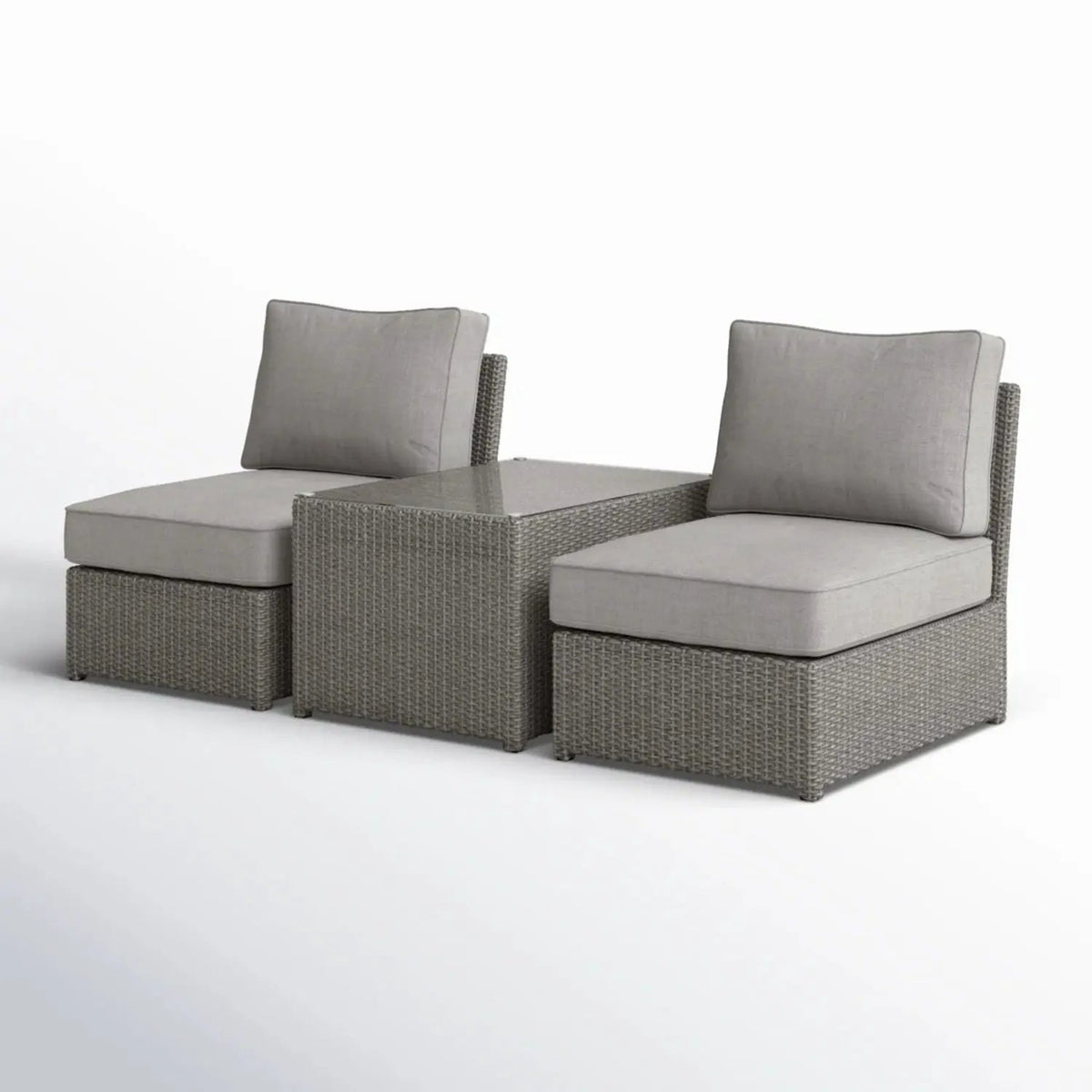 Modern Wicker Outdoor Seating Set | 3-Piece | Glass-Top Coffee Table | 5 Inch Cushions