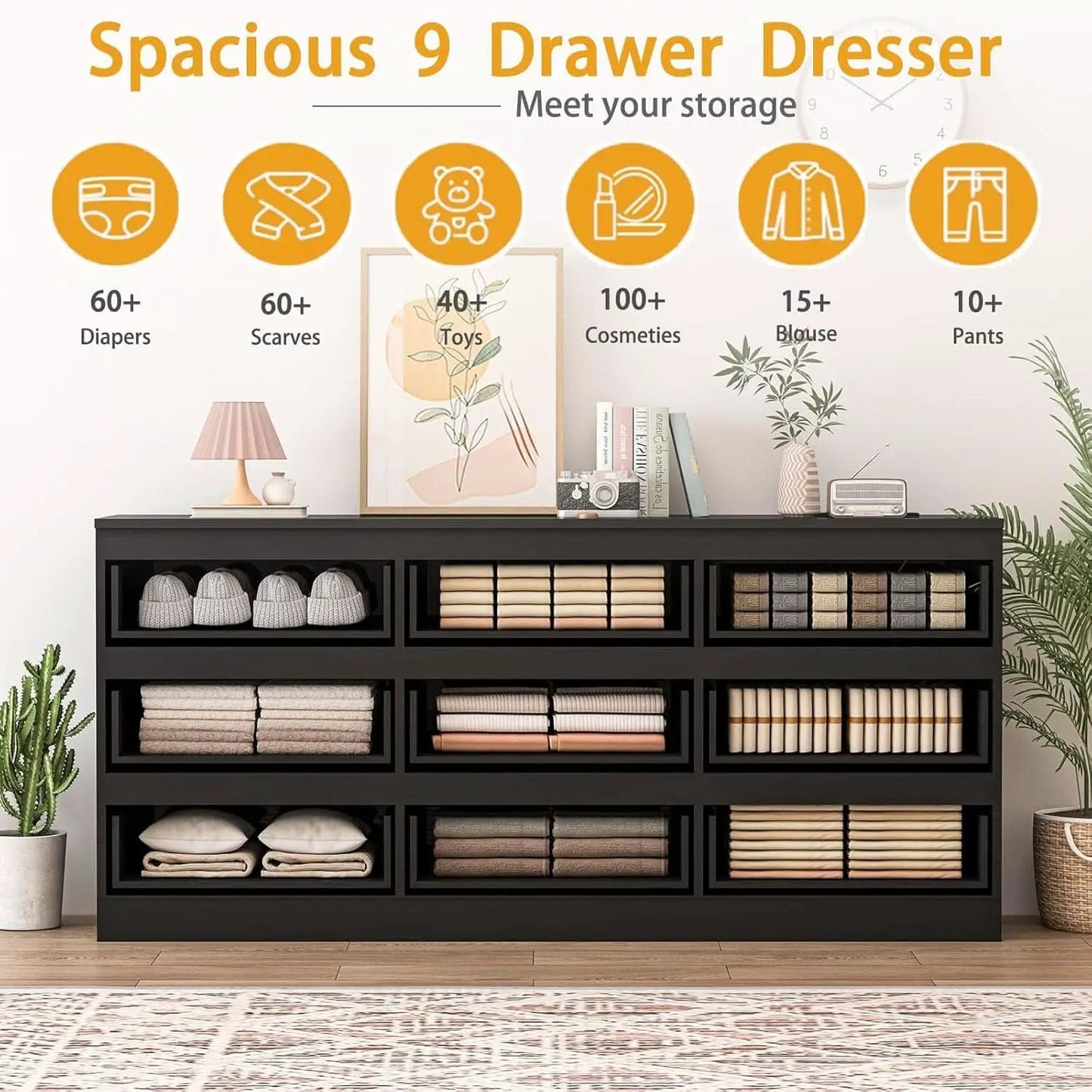 70 Inch Black Dresser With Built In Power Outlets Storage from PriceLows™