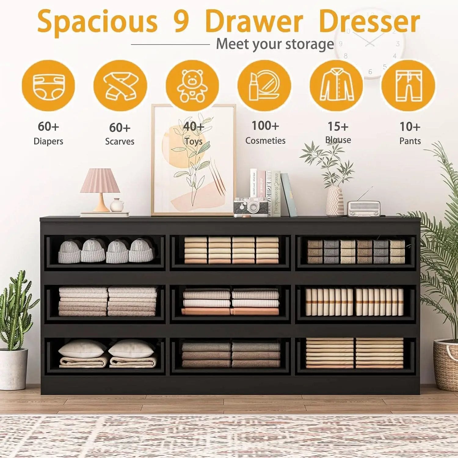 70 Inch Black Dresser With Built In Power Outlets Storage from PriceLows™